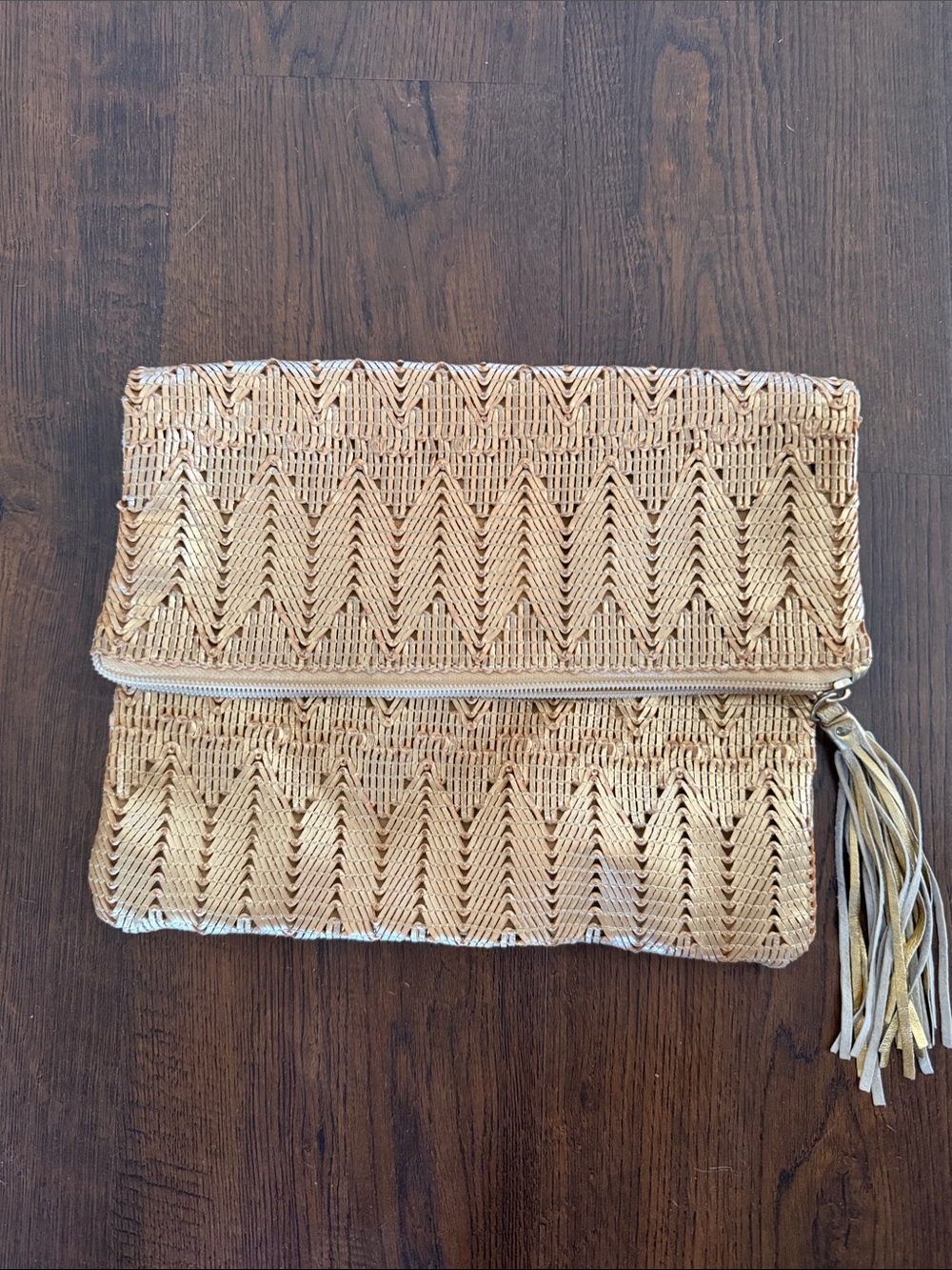 Woven Fold-Over Clutch with Tassel in Natural Straw